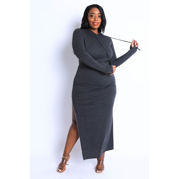Women's Comfy Terry Hooded Maxi Dress With Side Slit Zipper Plus Size Curve - Picture 4 of 12